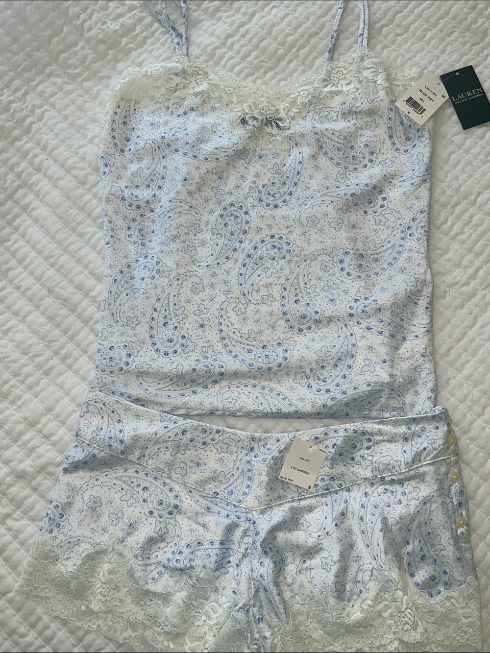 NWT Lauren Ralph Lauren Pale Blue Paisley Lace-Trim Cami & Shorts Set - Small